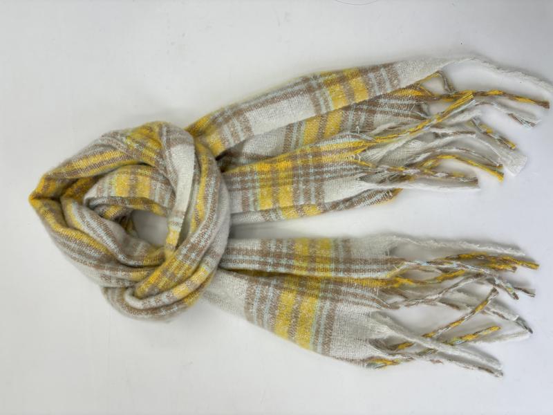 Écharpe tissée à carreaux jaune et beige avec franges