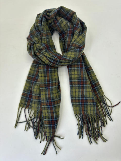 Écharpe tartan kaki carreaux multicolores avec franges torsadées