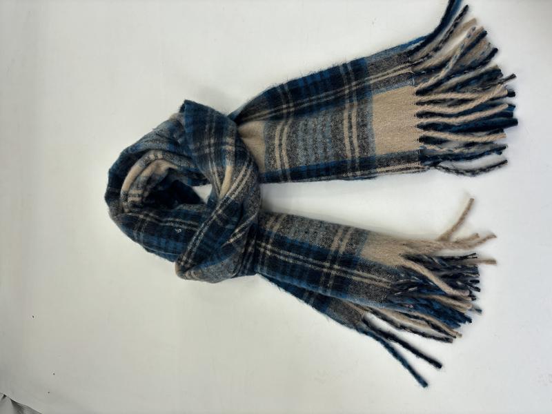 Écharpe tartan bleue et beige à franges