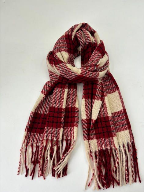 Écharpe tissée carreaux rouge et crème avec franges