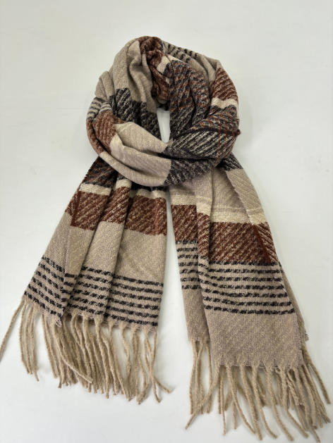 Écharpe tissée pliée carreaux beige marron et noir avec longues franges