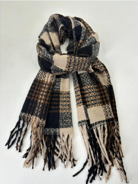 Écharpe tissée pied-de-poule noir beige et marron avec longues franges