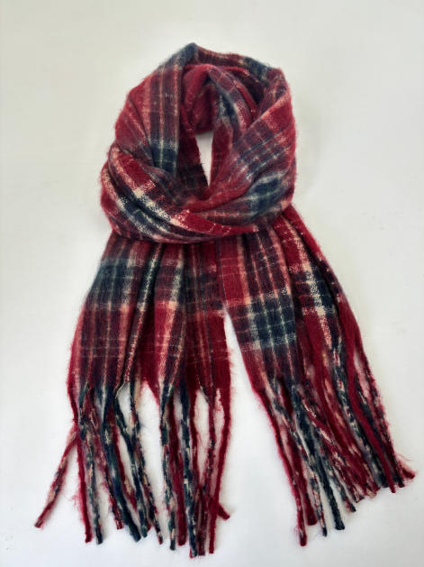 Écharpe tissée motif tartan écossais rouge marine et blanc avec longues franges