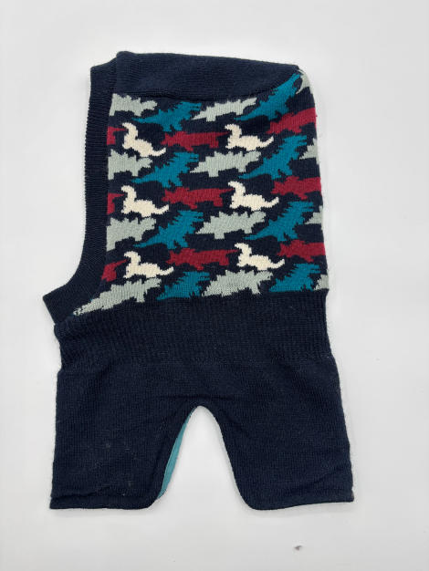 Gilet tricot chien sans manches bleu marine motif oiseau abstrait intarsia multicolore