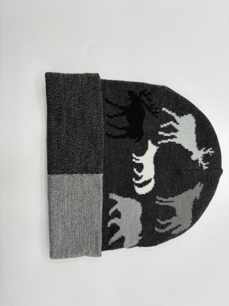 Bonnet tricoté gris foncé motif jacquard élan
