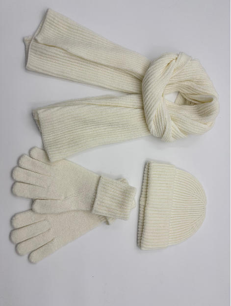 Coffret 3 pièces hiver crème en tricot côtelé : longue écharpe