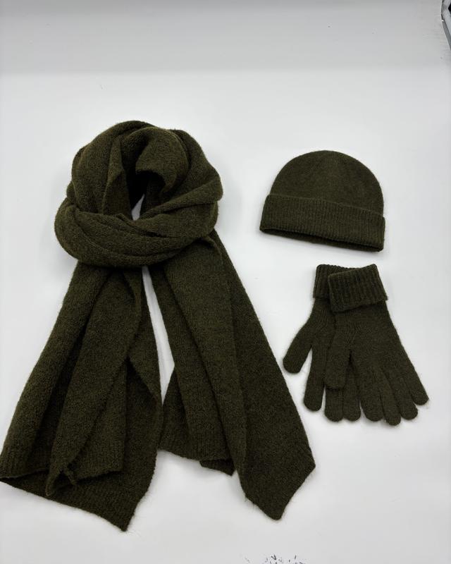 Coffret 3 pièces hiver vert kaki : grande écharpe enveloppante