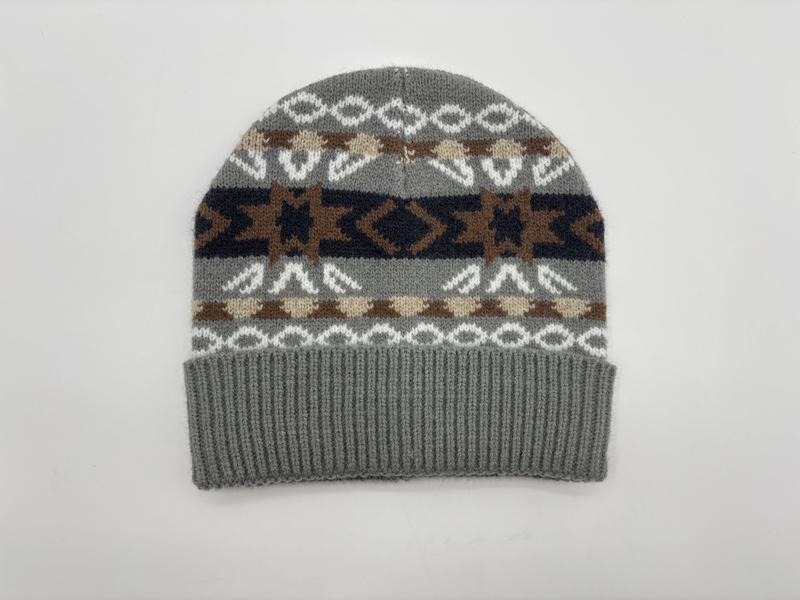 Bonnet gris à motif géométrique style sud-ouest américain marron marine crème revers côtelé