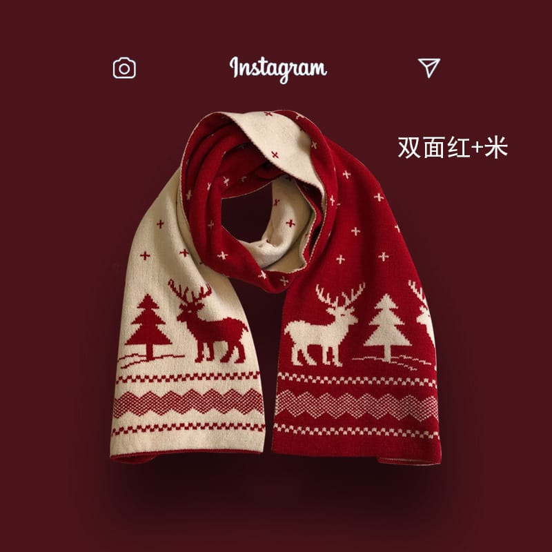 Écharpe d'hiver réversible tricotée rouge et crème motif renne