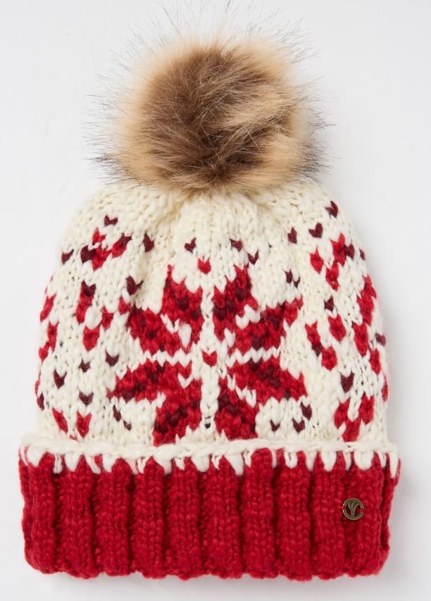 Bonnet d'hiver en maille épaisse rouge et crème motif Fair Isle avec grand pompon en fausse fourrure