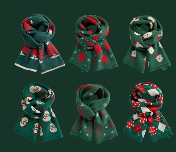 Six écharpes de Noël tricotées vert et rouge avec motifs sapins