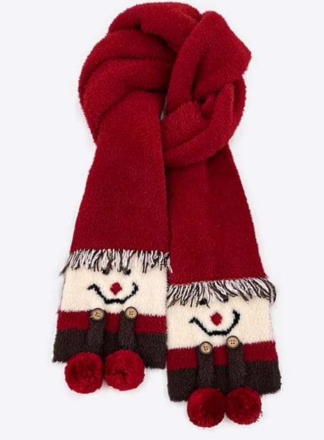 Écharpe d'hiver rouge duveteuse avec extrémités visage bonhomme de neige