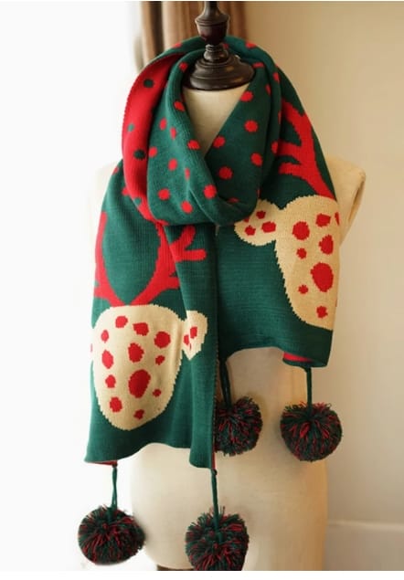 Écharpe de Noël tricotée verte avec motif renne et pois rouges