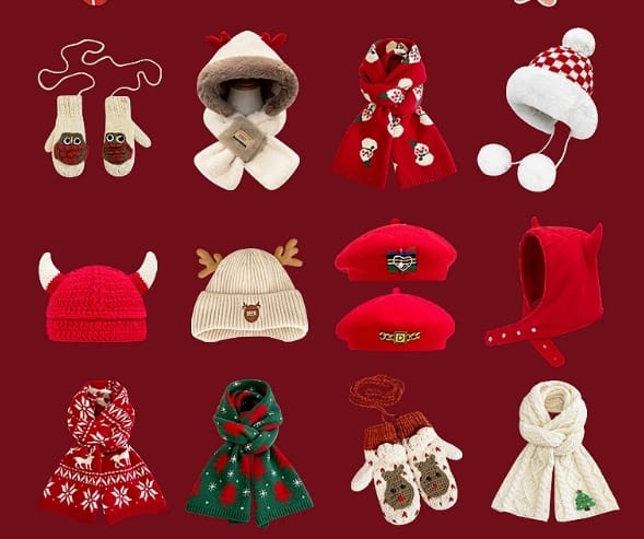 Collection 12 accessoires hiver enfant Noël rouge avec bonnets