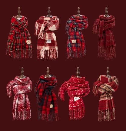 Collection de 8 écharpes tartan rouge à carreaux écossais avec franges