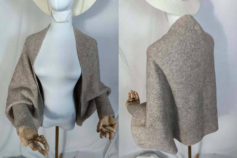 Cardigan shrug taupe ajouré sans fermeture avec manches ballon et poignets côtelés