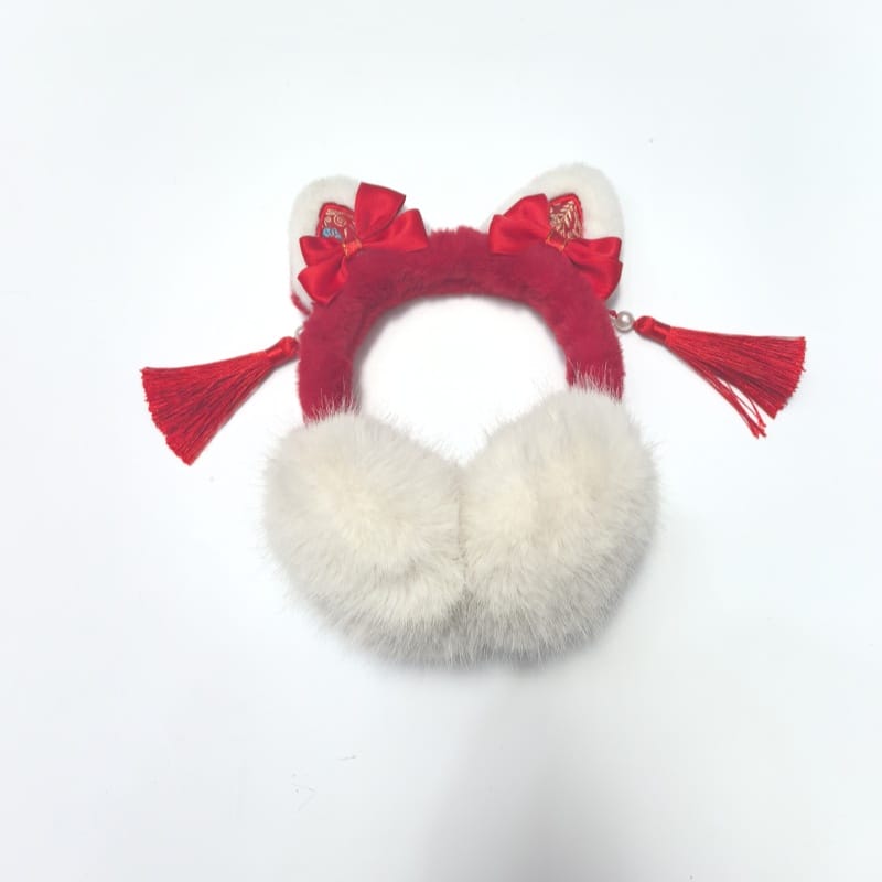 Paire de cache-oreilles sherpa taupe marron avec serre-tête velours noir sur fond blanc
