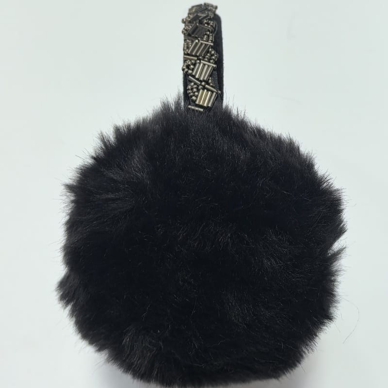 Barrette clips cheveux fourrure noire avec cristaux strass multicolores en larme sur bande tissu sombre
