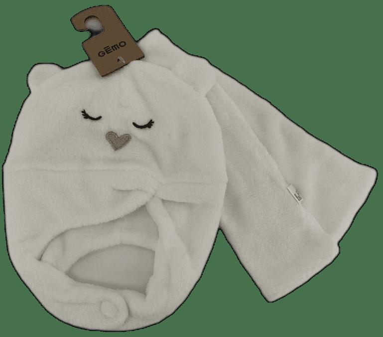 Chauffe-oreilles peluche rouge motif animal blanc brodé yeux bleus