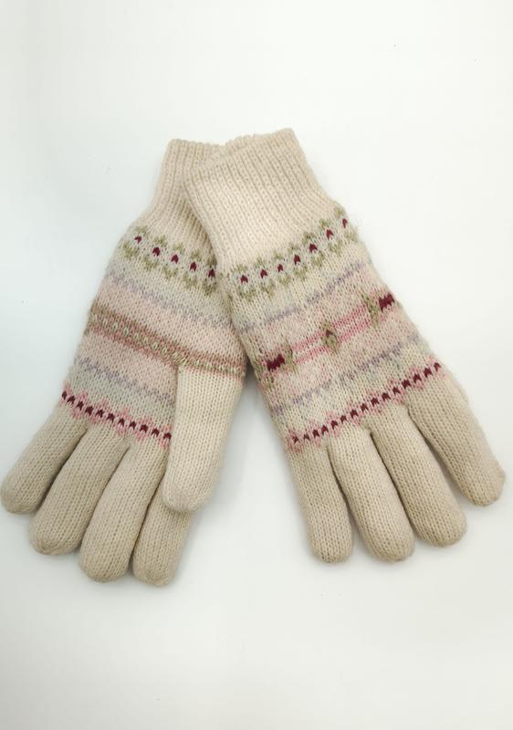 Paire de gants tricotés crème style Fair Isle avec bandes à motifs rose