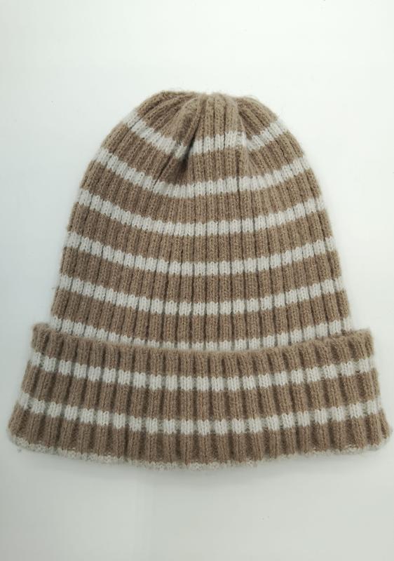 Bonnet tricoté côtelé à rayures beige et crème avec revers replié