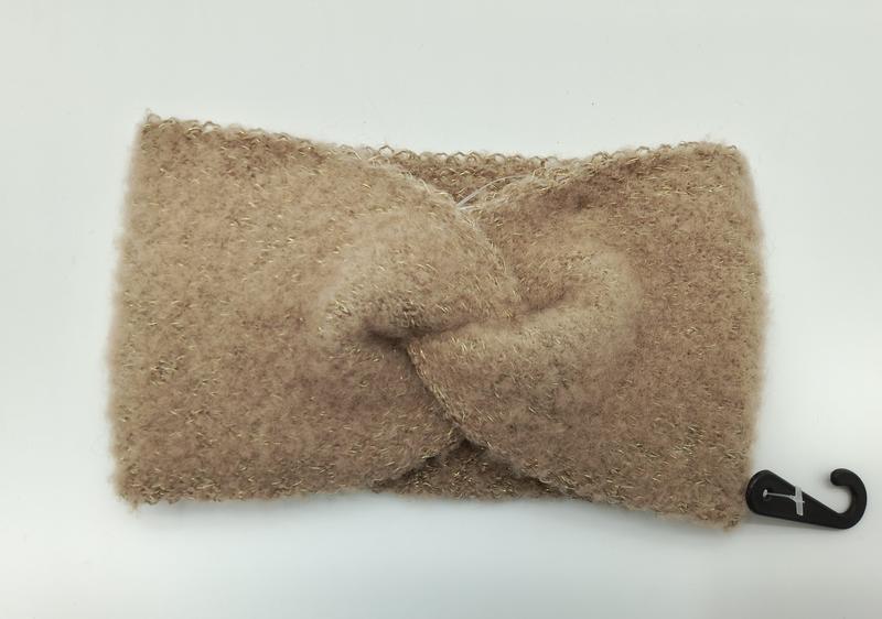 Bandeau hiver moelleux couleur camel avec nœud torsadé central et fil métallique doré discret