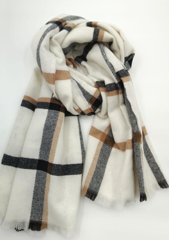 Grand plaid écharpe écru à carreaux camel et noir