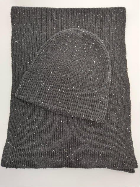 Set bonnet et écharpe en maille côtelée gris avec fils chinés blancs