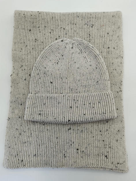 Bonnet et longue écharpe en maille côtelée gris clair avec fils chinés