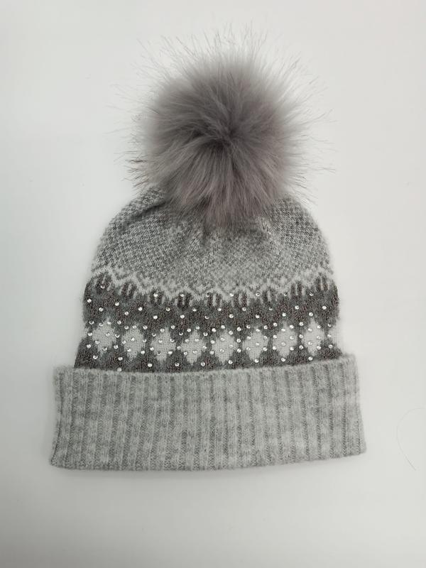 Bonnet gris jacquard flocon de neige avec strass scintillants