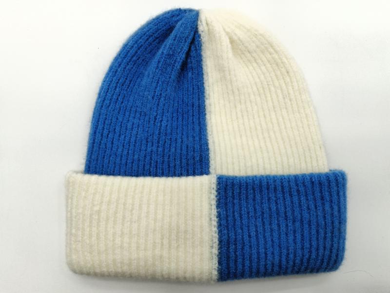 Bonnet côtelé color block bleu royal et blanc cassé avec revers replié