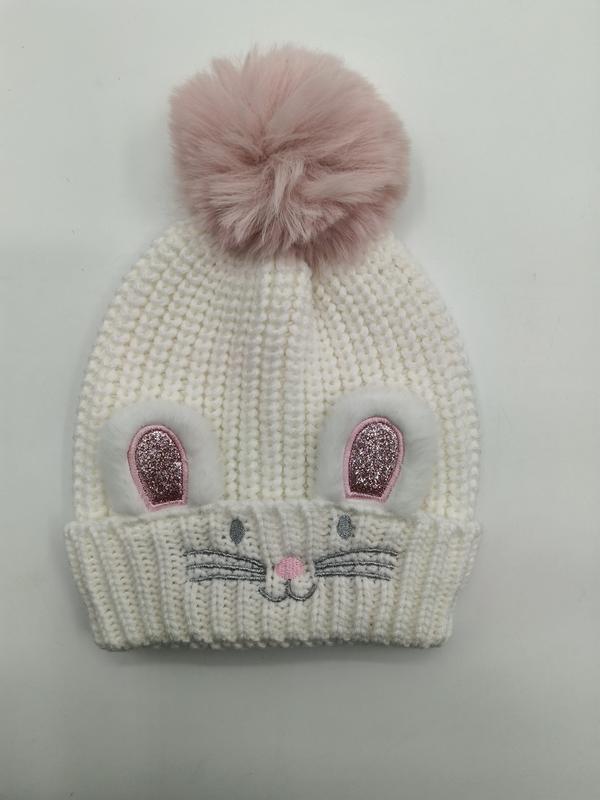 Bonnet enfant blanc en tricot épais avec oreilles lapin paillettes roses