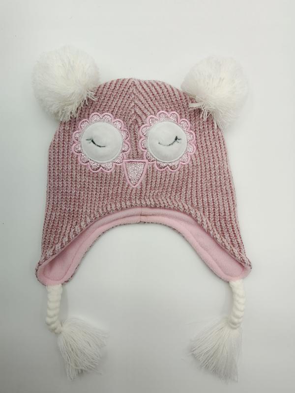 Bonnet enfant rose en tricot épais avec hibou brodé paillettes