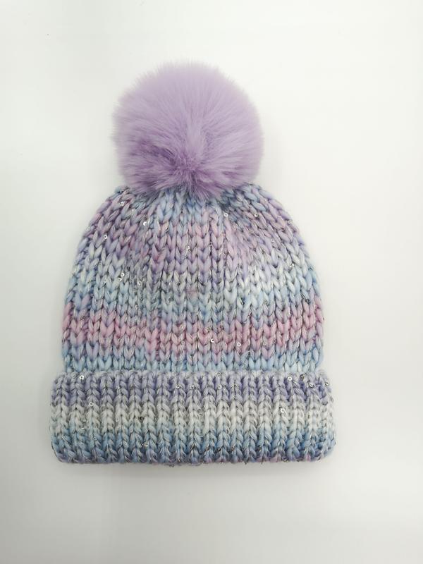 Bonnet chunky ombré violet bleu rose pastel avec sequins argentés et pom-pom fausse fourrure lavande