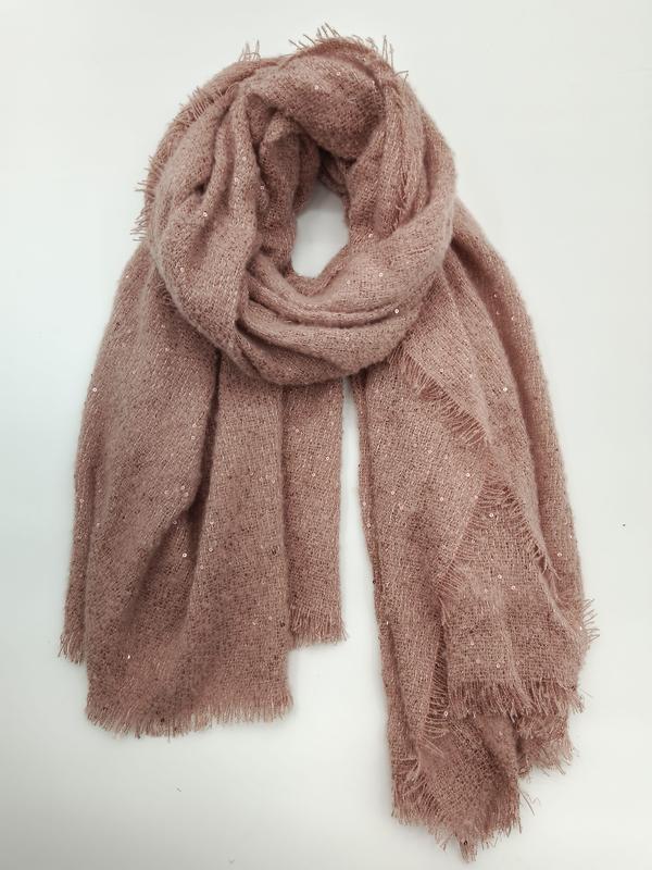 Grande écharpe rose poudré en maille douce avec sequins irisés dispersés et franges effilochées