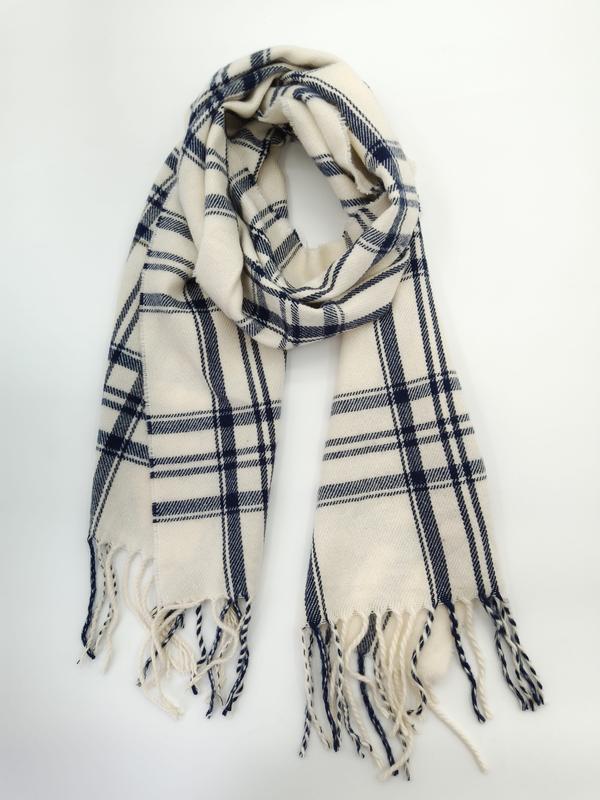 Écharpe tissée crème et bleu marine à motif tartan