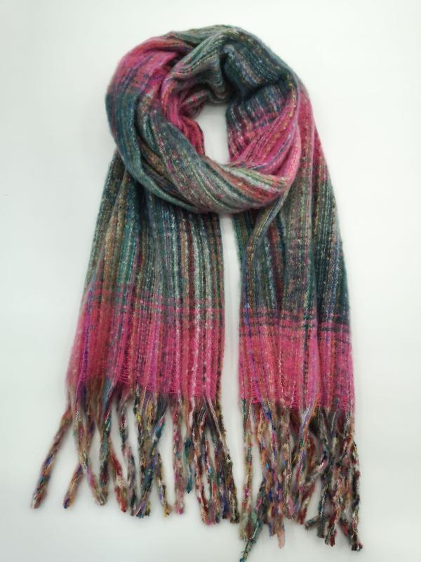 Grand foulard tissé à carreaux rose et bleu canard avec franges multicolores bohèmes
