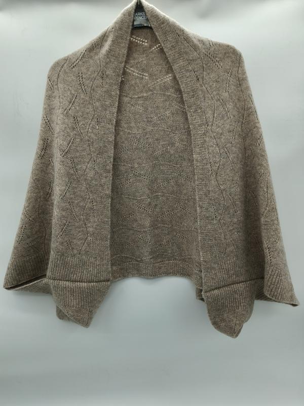 Cardigan shrug taupe en tricot pointelle ajouré avec motif losanges et poignets côtelés sur cintre