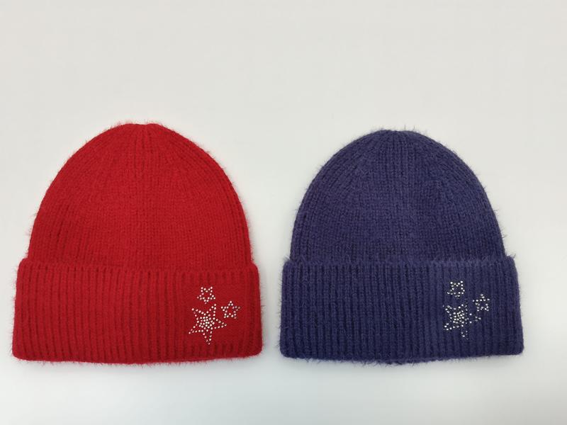 Bonnets côtelés duveteux rouge et violet avec étoile double en strass argenté sur le revers