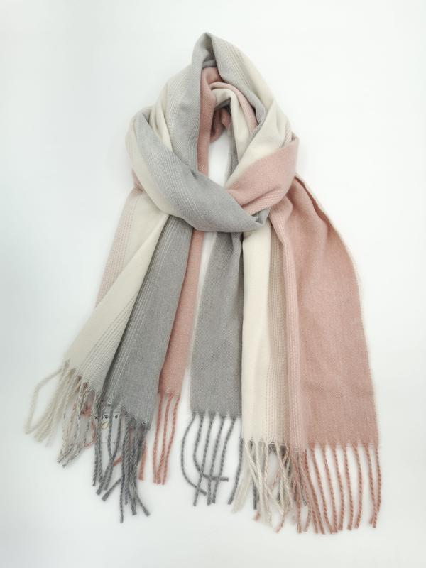 Grande écharpe color block rose poudré gris clair crème avec franges tassel aux extrémités