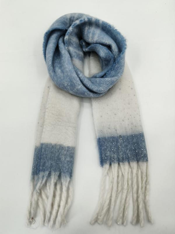 Écharpe douce bleu et crème à carreaux avec perles nacrées et franges tassel