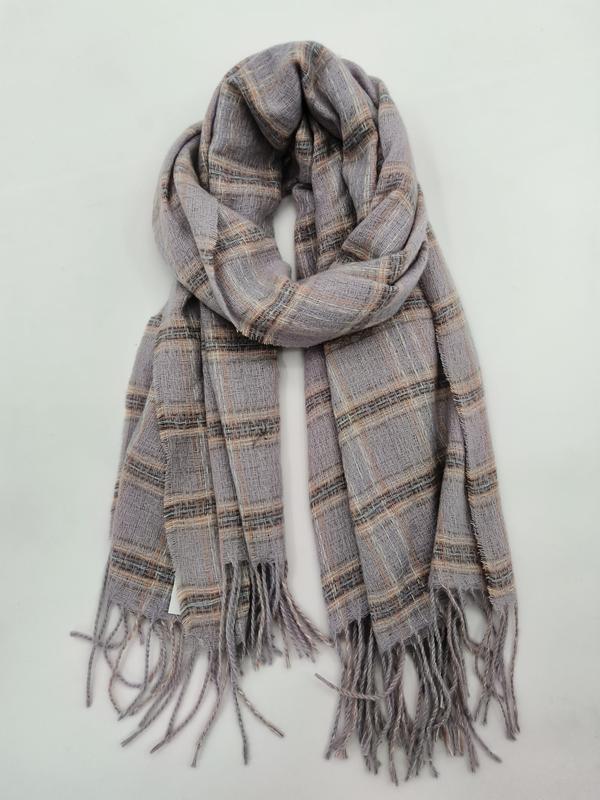 Écharpe carreaux gris avec accents rayures rose et marron