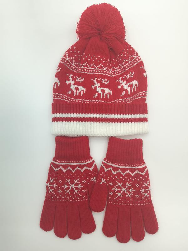 Bonnet en jacquard rouge blanc motif renne avec pompon et gants assortis