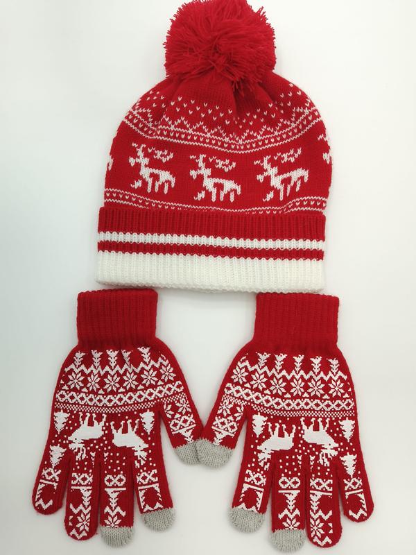 bonnet jacquard rouge et blanc avec pompon et gants assortis motif renne et flocons de neige