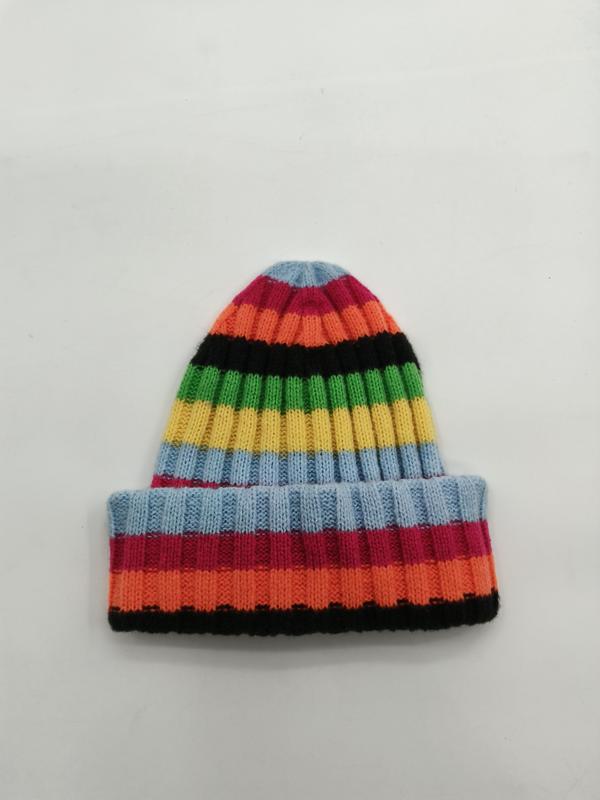 Bonnet en tricot côtelé arc-en-ciel avec revers replié