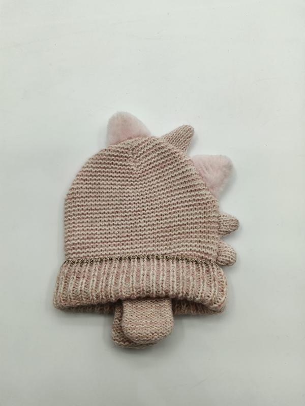 Set bonnet bébé rose tricoté avec oreilles pompon licorne et moufles assortis