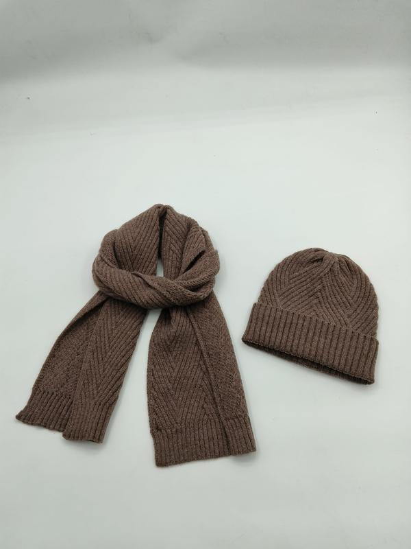 Set écharpe et bonnet tricot côtelé marron avec motif chevron texturé