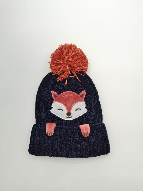 Bonnet enfant bleu marine en chenille côtelée avec appliqué tête de renard brodée et pompon orange vif sur le dessus