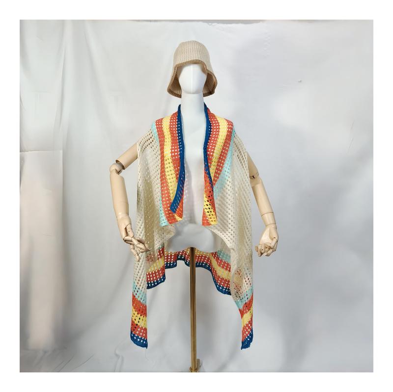 Gilet kimono crochet crème avec rayures arc-en-ciel bleu orange jaune menthe