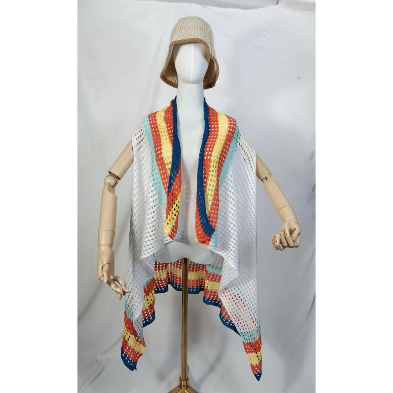 Kimono crochet filet blanc rayures multicolores arc-en-ciel